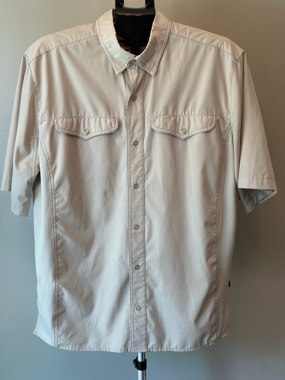 Mojo Sportswear Fishing Shirt Mens L Tan Short Sleeve Snap Gorpcore MPFS1150S